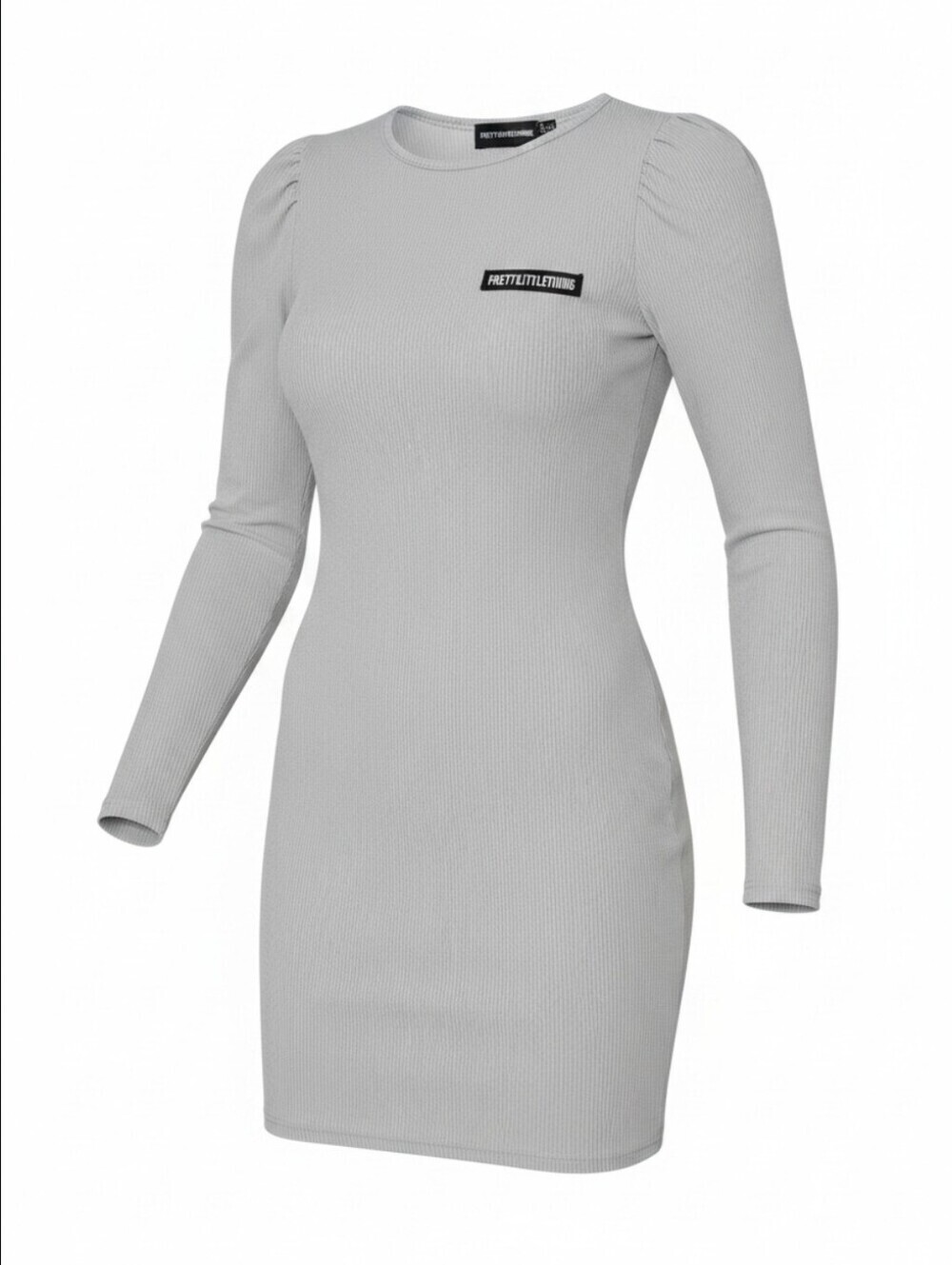 PRETTYLITTLETHING Bodycon Puff Shoulder Chest Patch Mini Dress Light Grey Sz 0